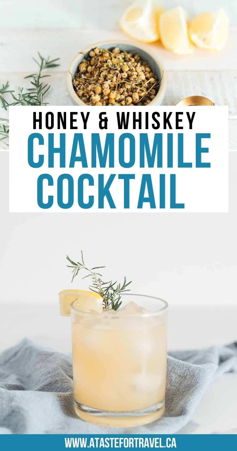 Collage of ingredients and a chamomile cocktail. 