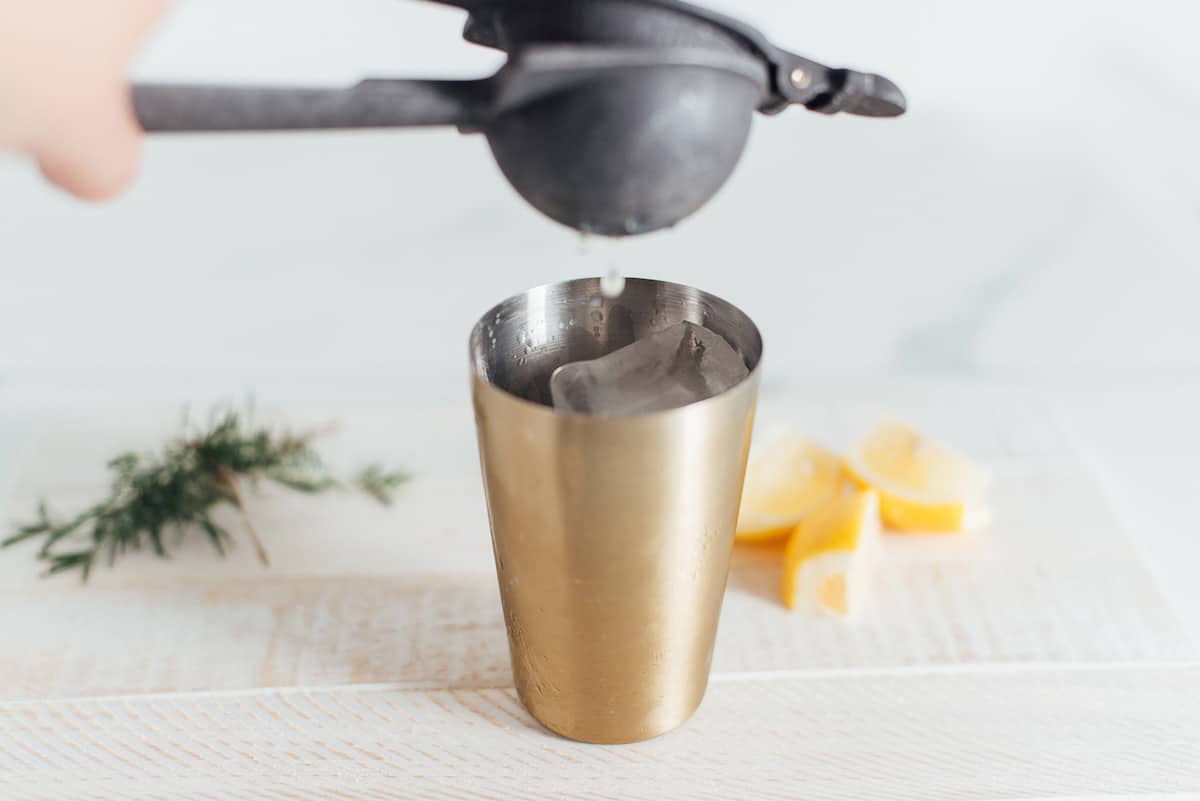 Squeezing fresh lemon juice into a cocktail shaker. .
