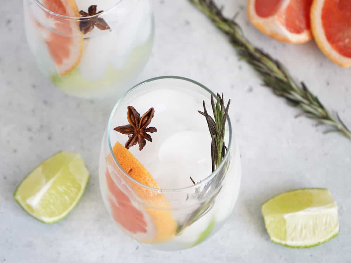 Spanish Gin and tonic on a white table.