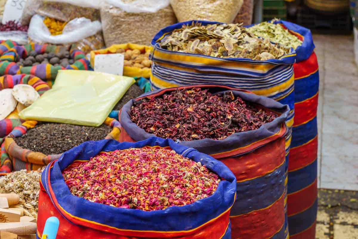 Bins and baskets at Akko Market Israel.