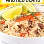 Pinterest text overlaid on rice and beans in a white bowl.