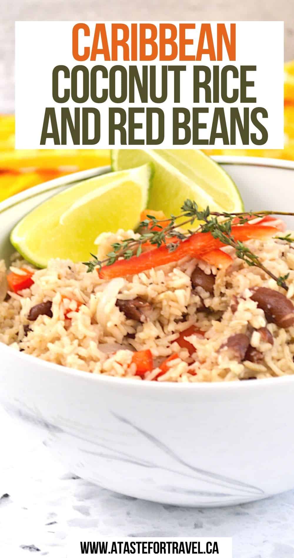 Pinterest text overlaid on rice and beans in a white bowl. 
