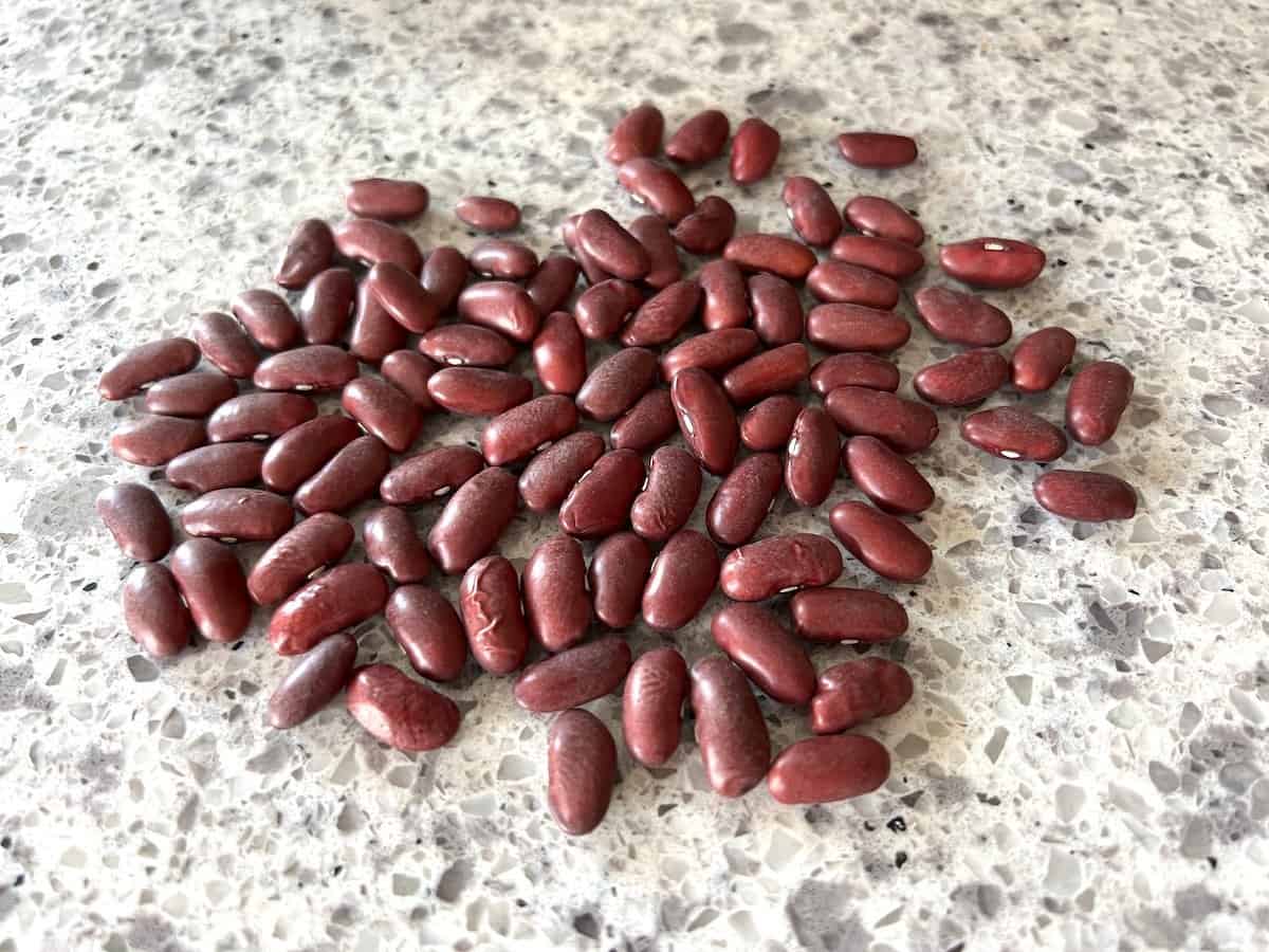 Dried red kidney beans on a counter top.