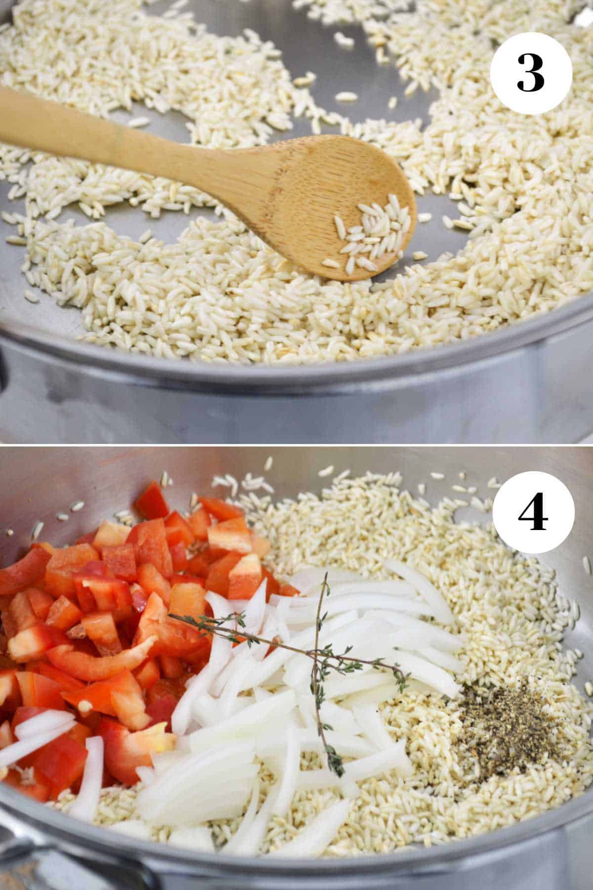 Rice cooking in a skillet and then the veggies added to make rice and beans coconut milk.