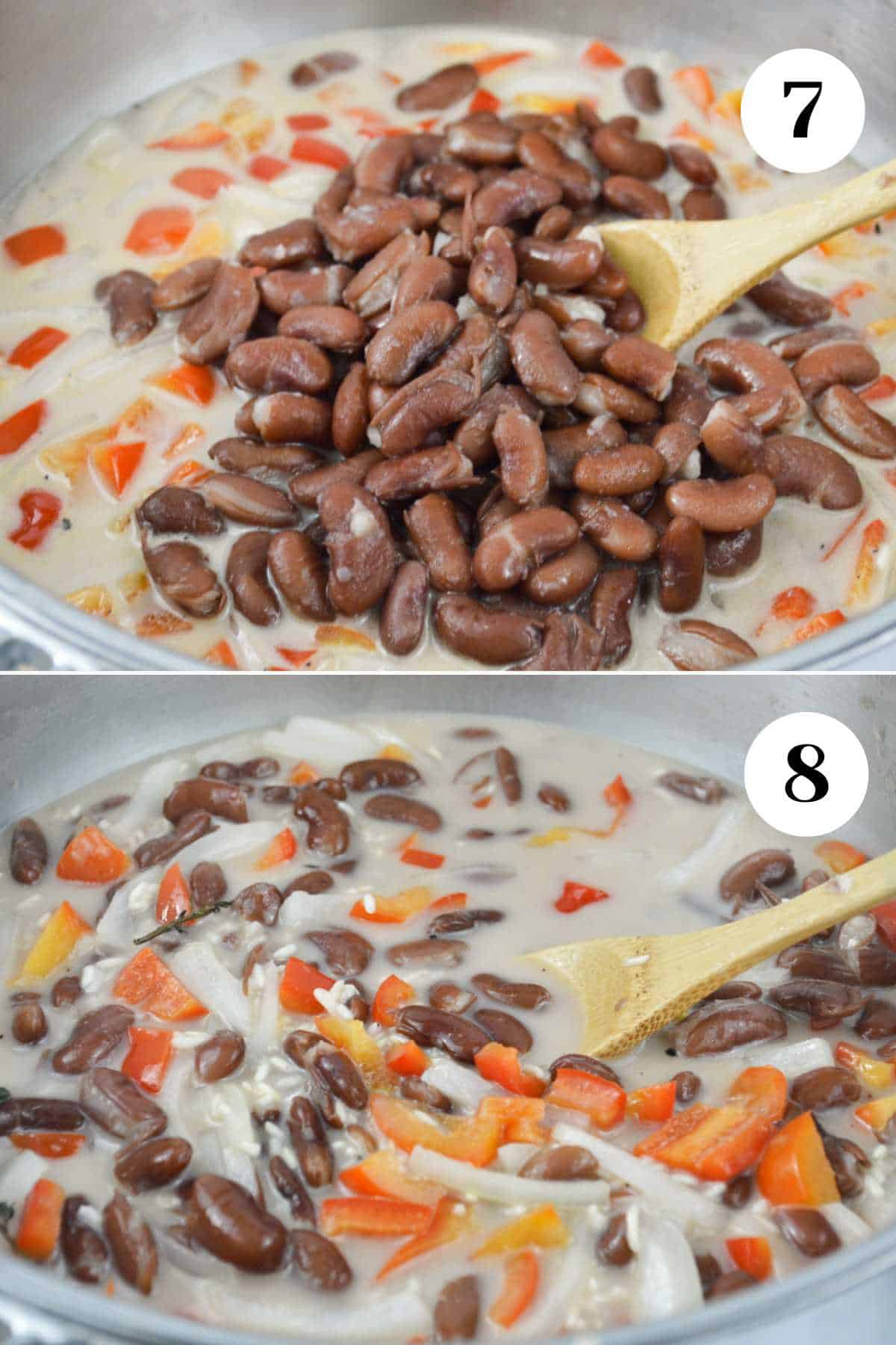 Beans added to the pot of coconut rice and then the rice and beans cooking together.