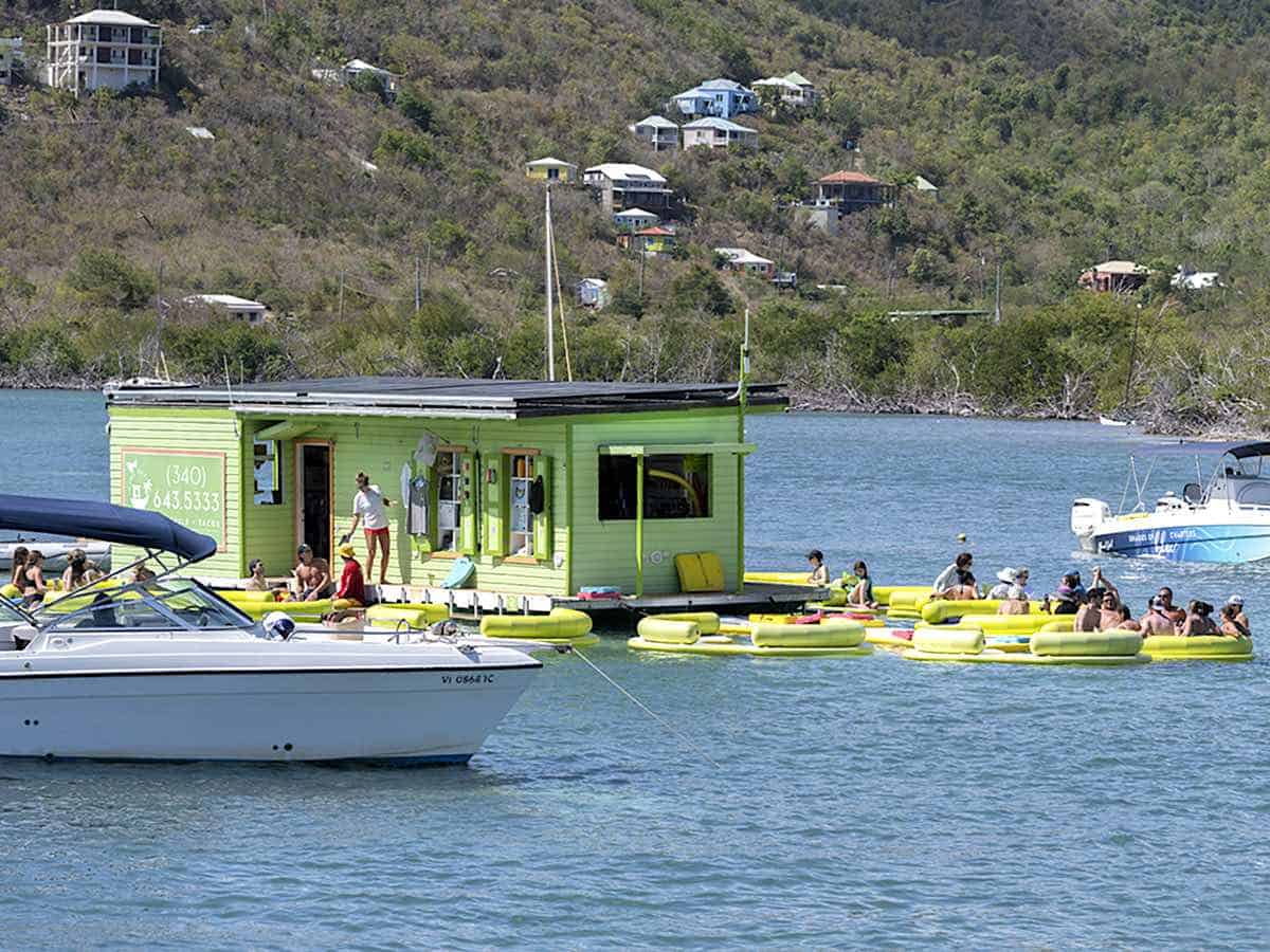 People eating tacos at the Lime Out Food Boat in St. John USVI.
