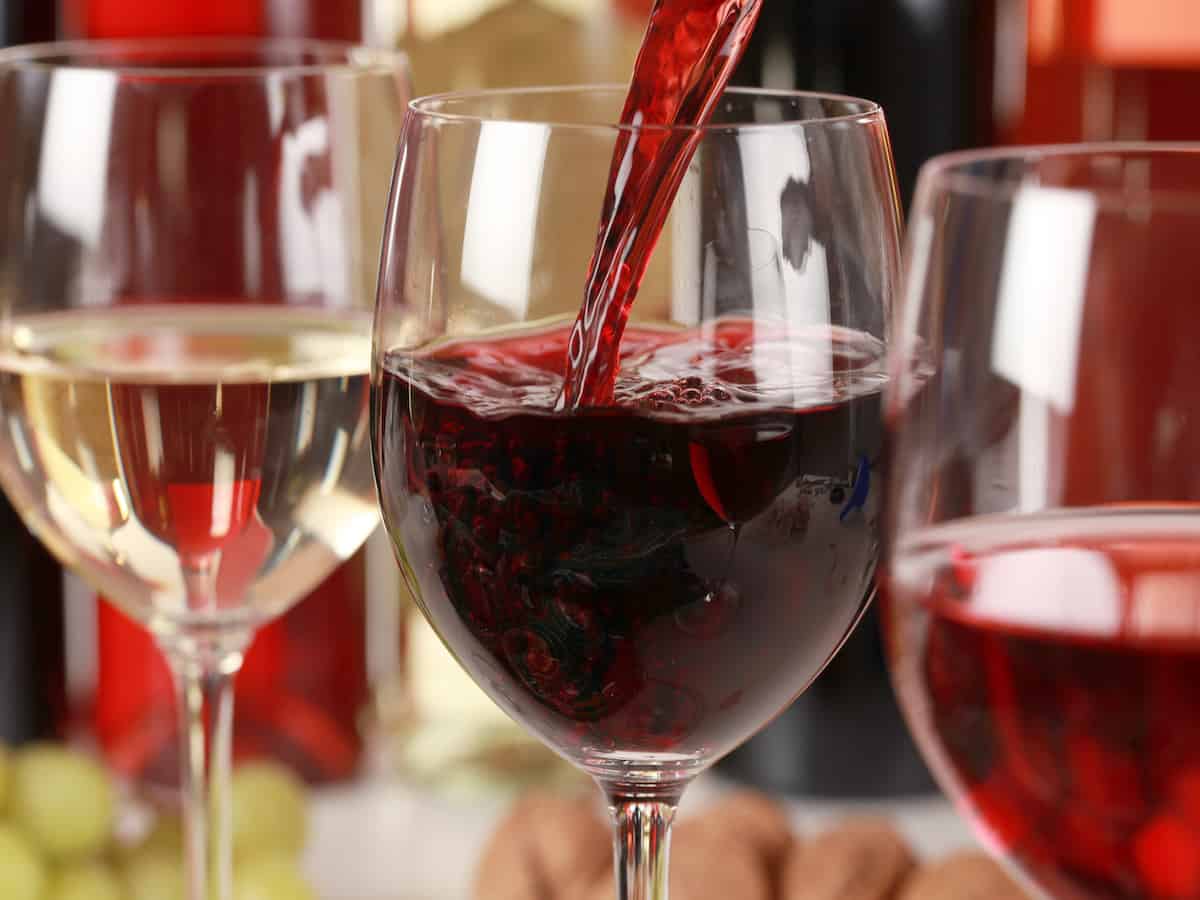Glasses of red and white wines for a wine tasting.