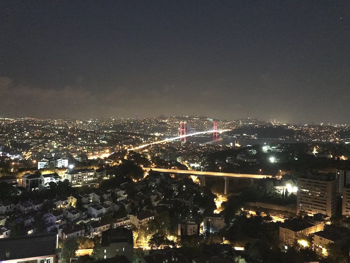 View of the Istanbul skyline at night from the Renaissance Istanbul Polat Bosphorus Hotel. 