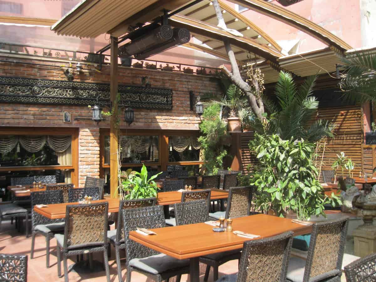 Leafy courtyard to sample Turkish wine at Viktor Levi wine bar in Istanbul.