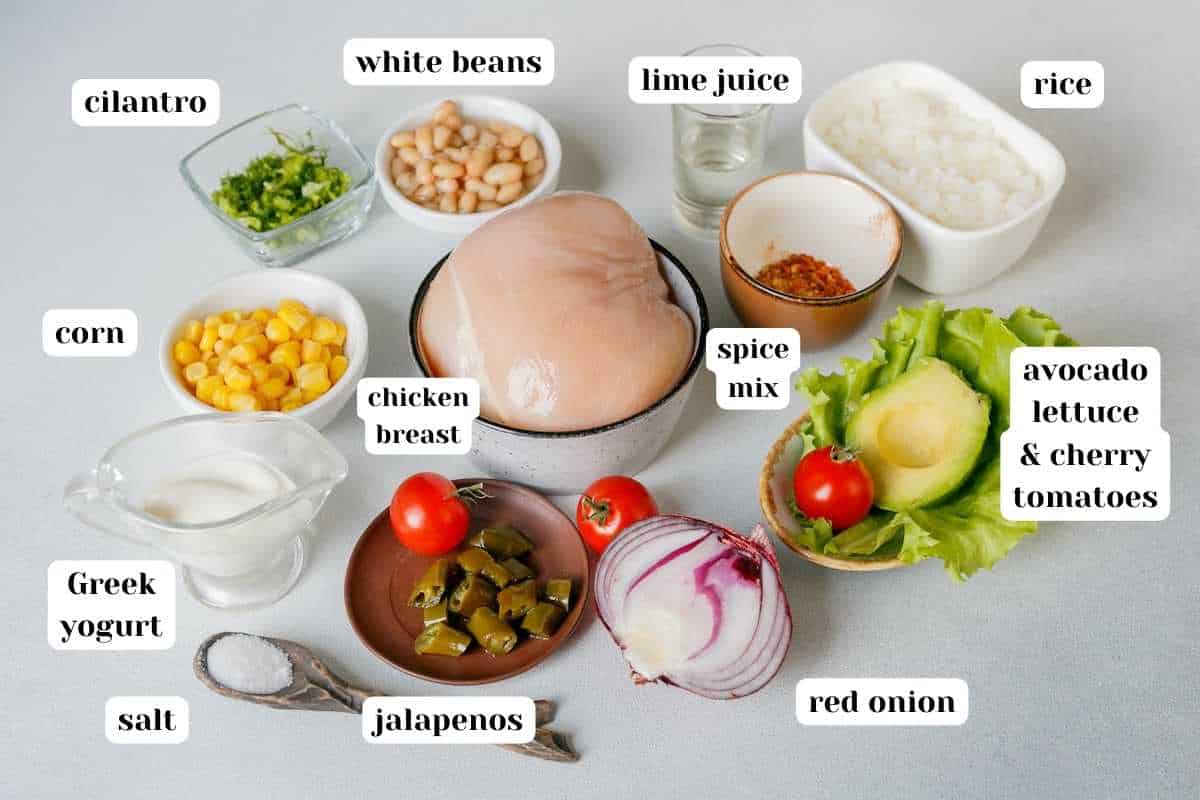 Chipotle chicken bowl ingredients on the table with text labels.