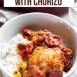 Bowl of Spanish chicken stew with Pinterest text overlay.