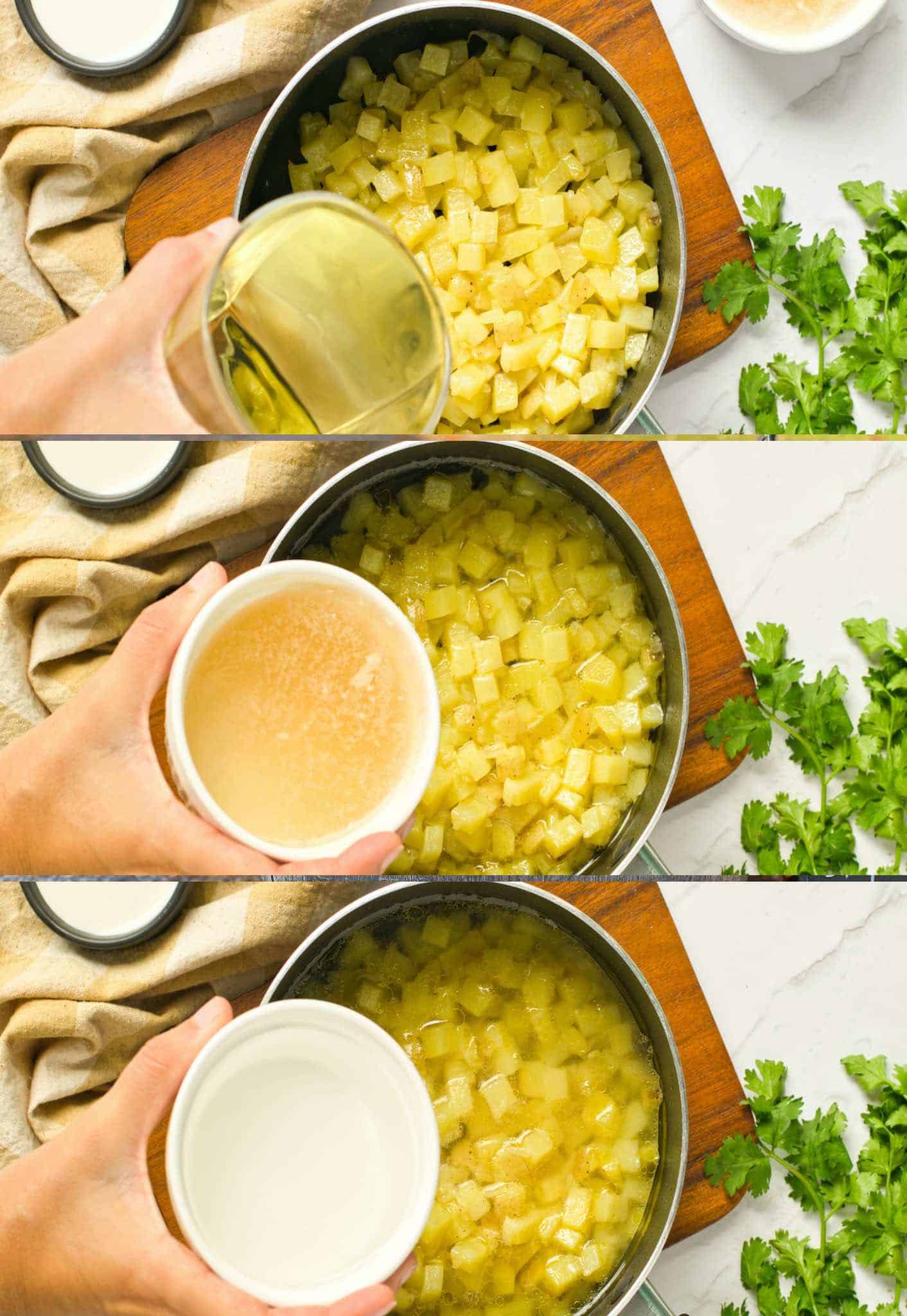 A hand pouring wine, broth and water in a pan.
