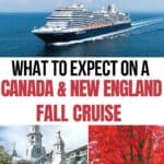 Collage of a fall Holland America cruise with a ship, autumn foliage and historic building.