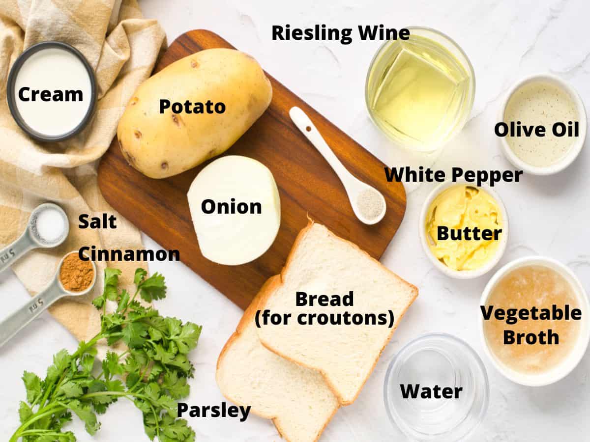 Potato, broth, salt, butter, onion, white pepper, Riesling wine, parsley, cinnamon and olive oil, ingredients for potato Riesling soup. .