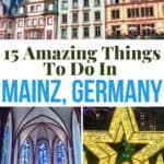 Collage of buildings, Christmas and chagall windows in Mainz.