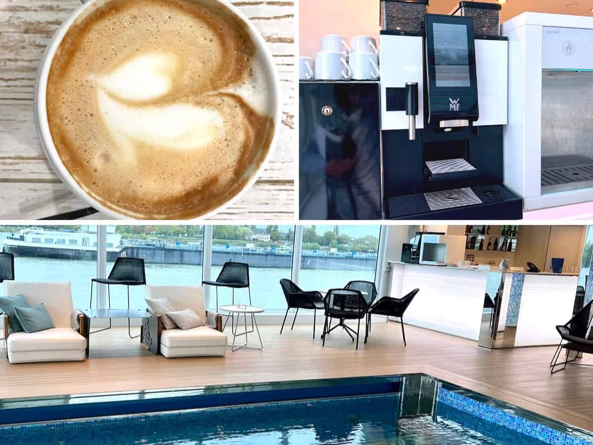 Coffee machines on the Pool Deck on the Emerald Cruises river ship. 