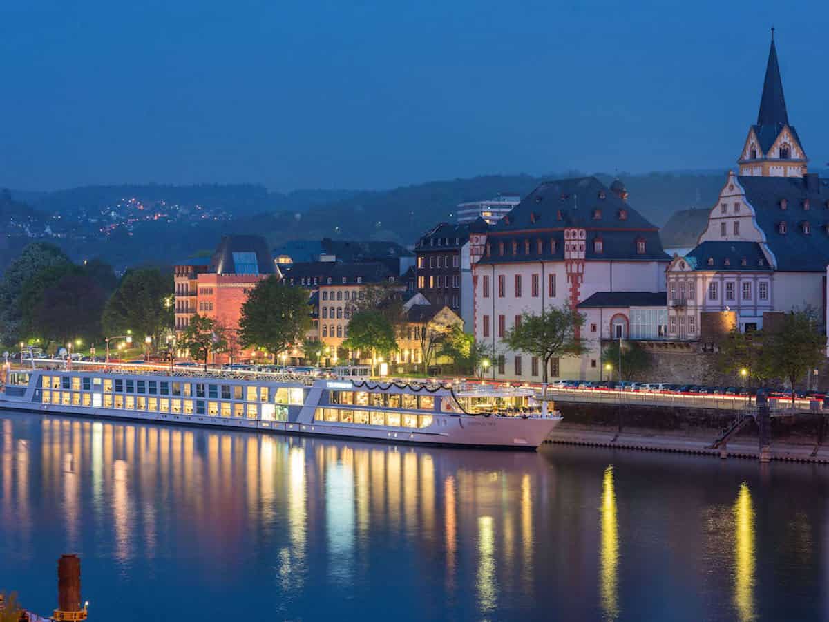Emerald Sky River Ship in Koblenz at night.  