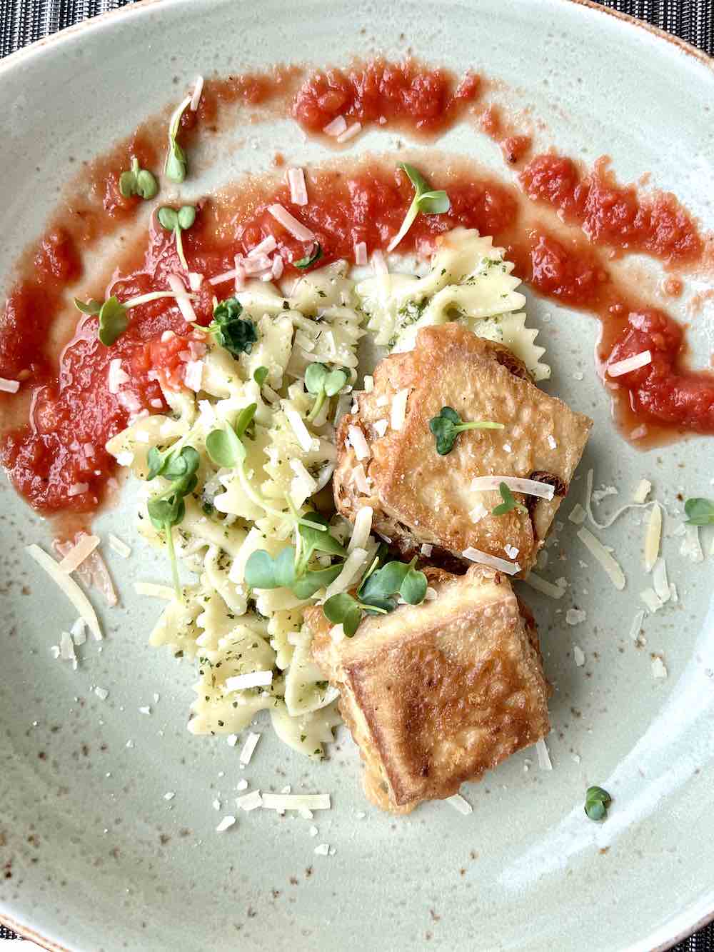 A vegetarian entree of tofu onboard the Emerald Sky. 