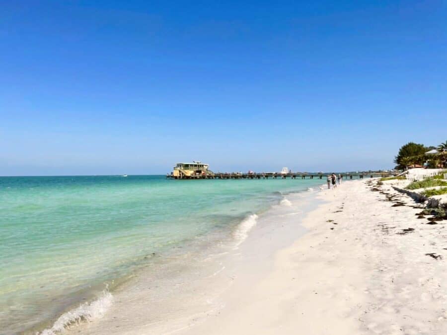 Anna Maria Island beach shoreline with dock.