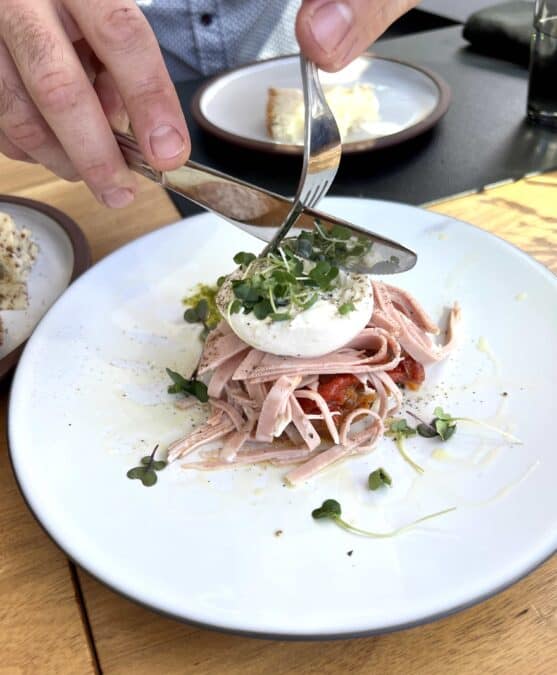 A plate of burrata cheese with tomato.  