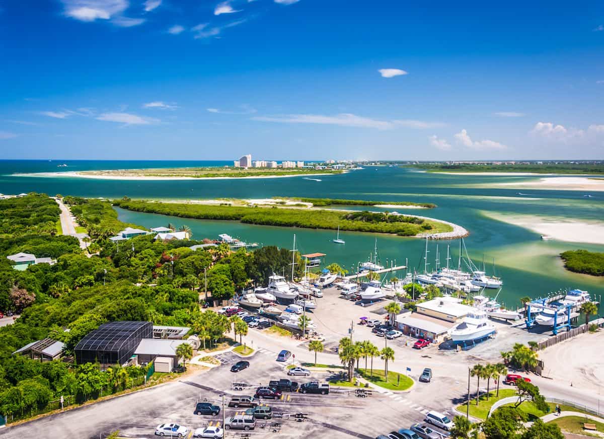 View of Ponce Inlet and New Smyrna Beach from Ponce de Leon Inlet Lighthouse, Florida.