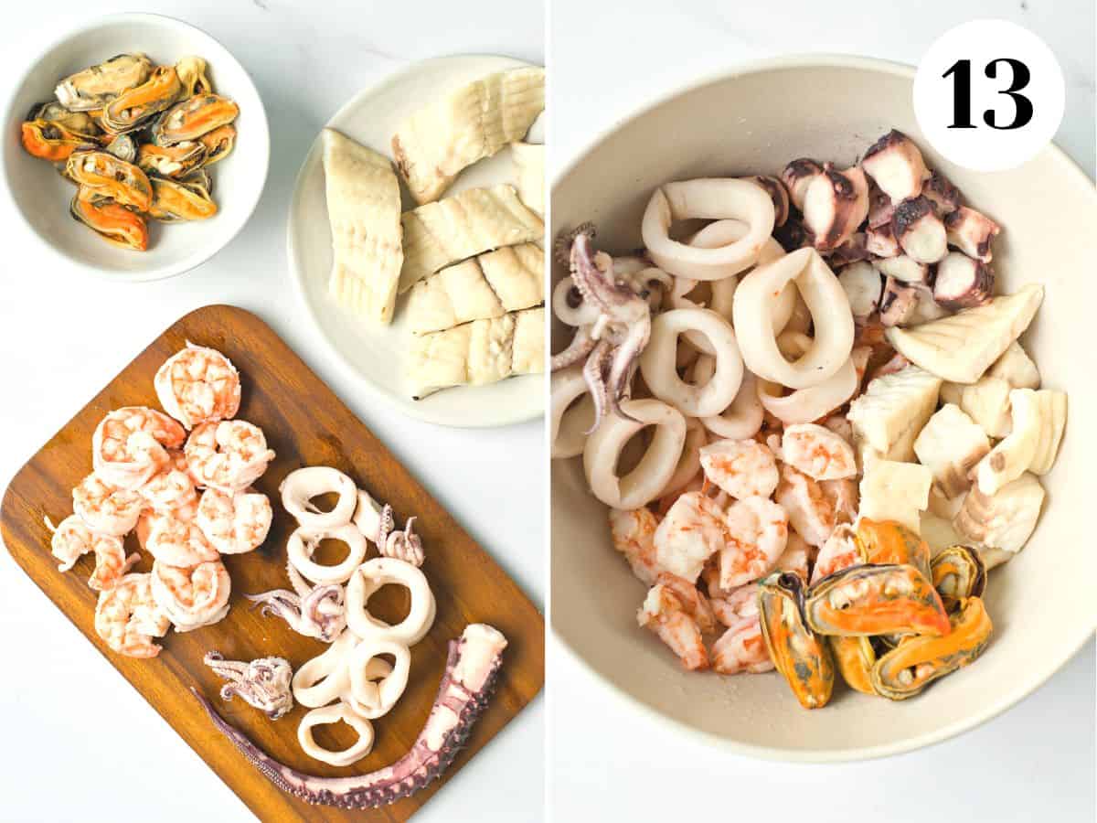 A combination of different types of seafood on a wooden chopping board and then chopped into a white bowl.