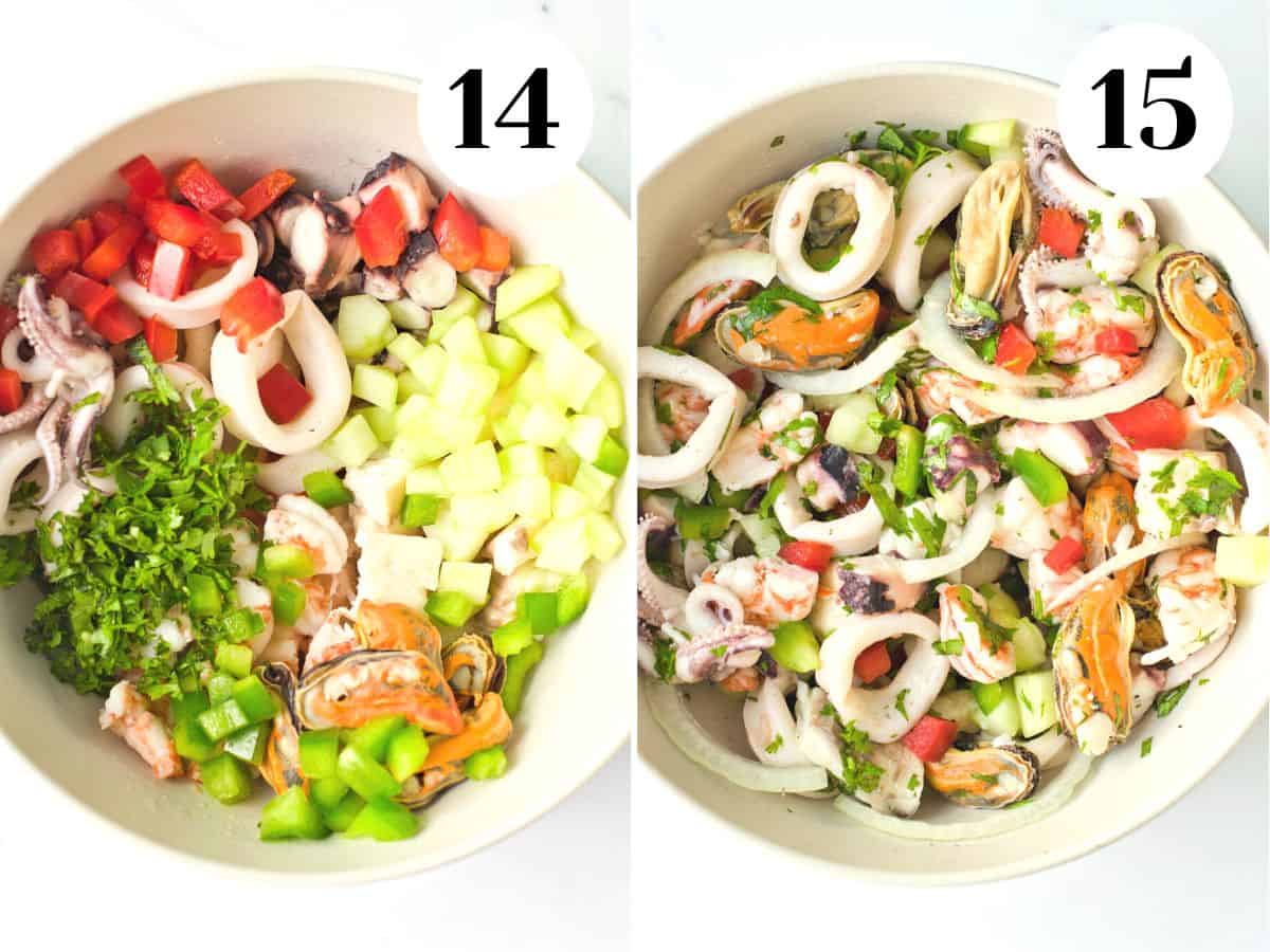 Chopped seafood and vegetables in a white bowl.
