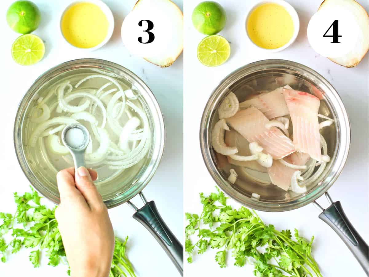 Fish being poached in water with some of the onion and salt.