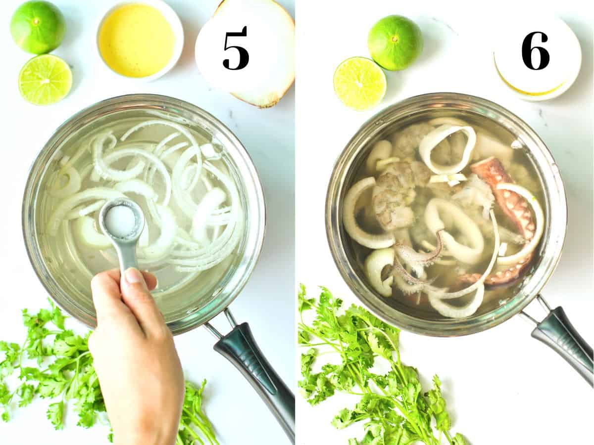Seafood cooking in a pan with water, salt and onion.