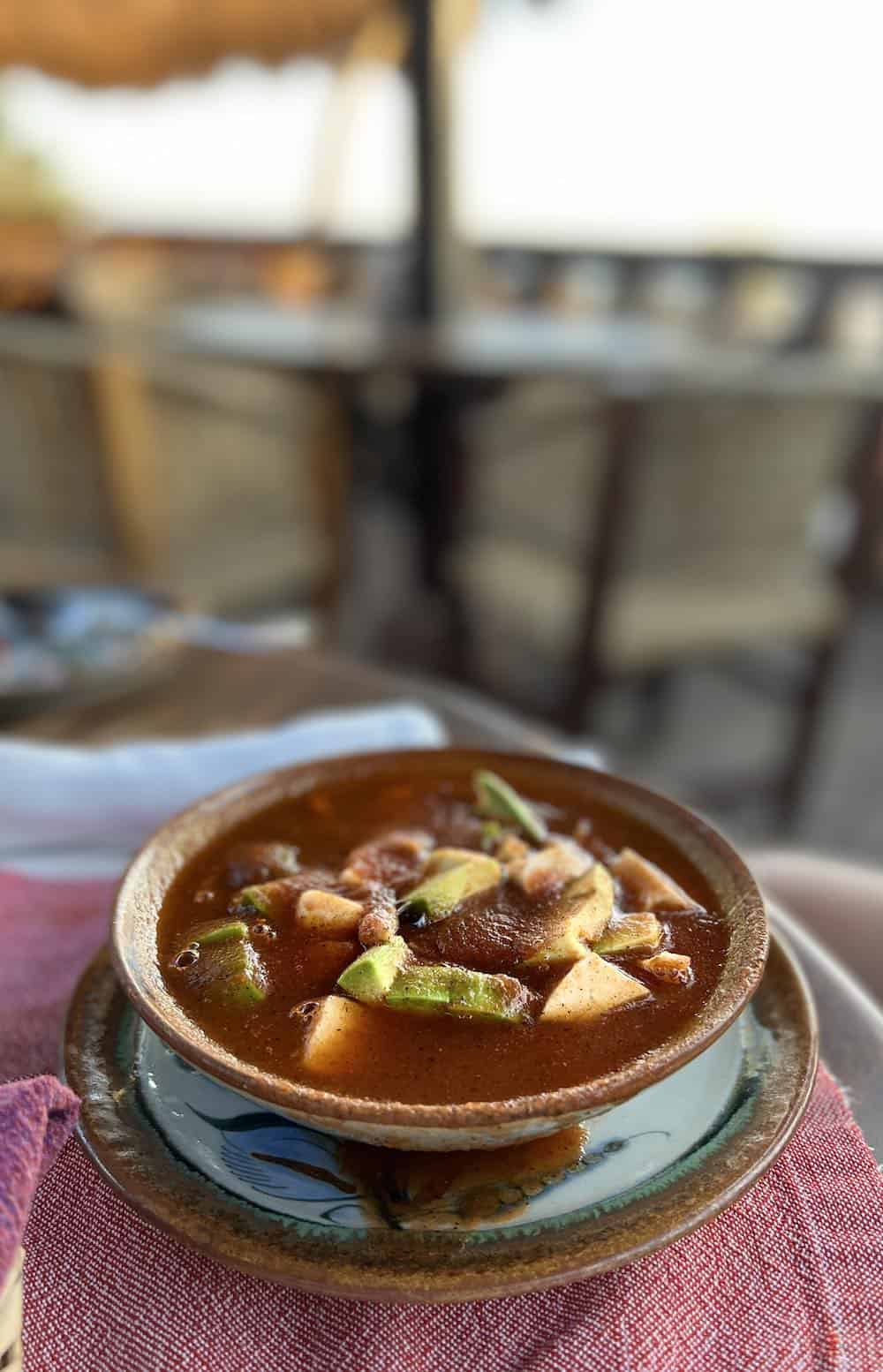 A bowl of Sopa Azteca at Santa Fe Restaurant in Puerto Escondido.