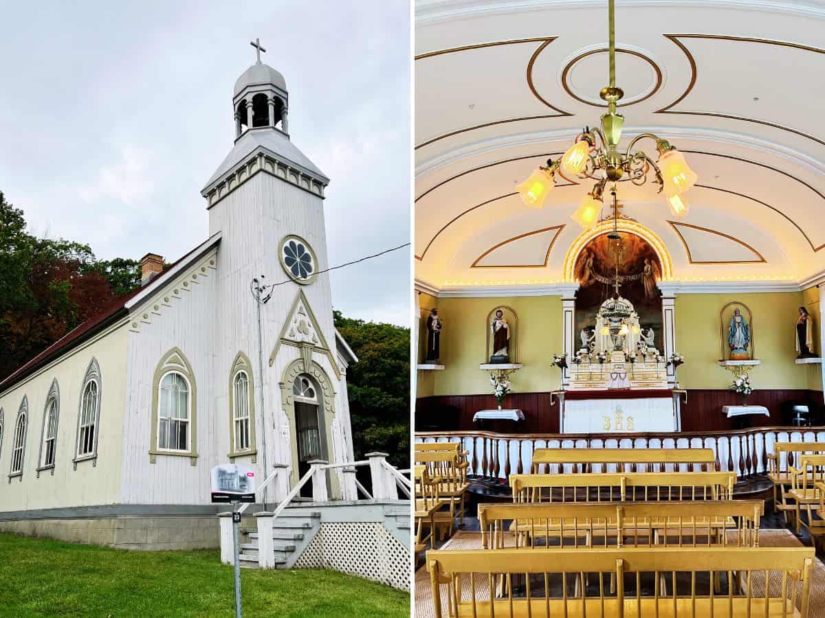 Collage of a Catholic Chapel exterior and interior. 