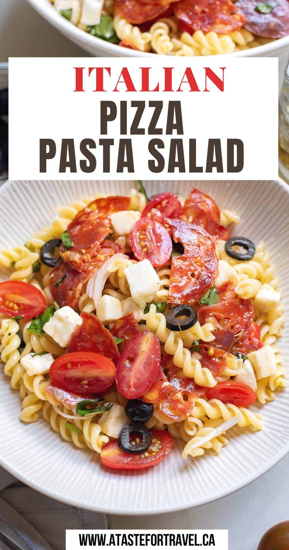 A pizza pasta salad in a white bowl. 