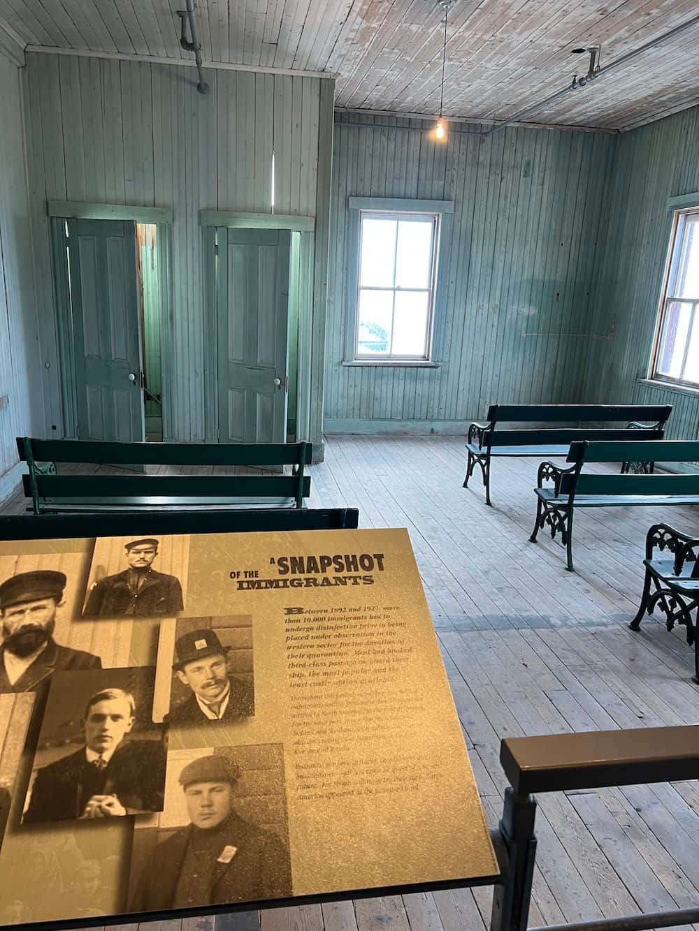 Waiting room at the disinfection building in the quarantine station at Grosse Ile. 