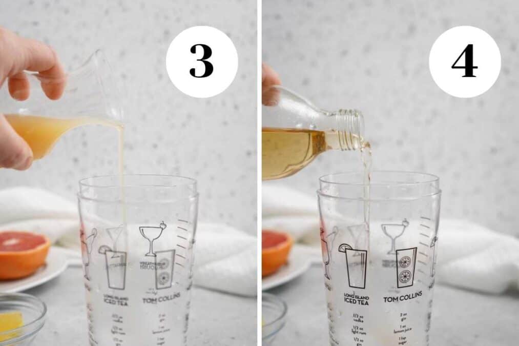 Collage showing adding the grapefruit juice and then the ginger ale to the mixing glass.