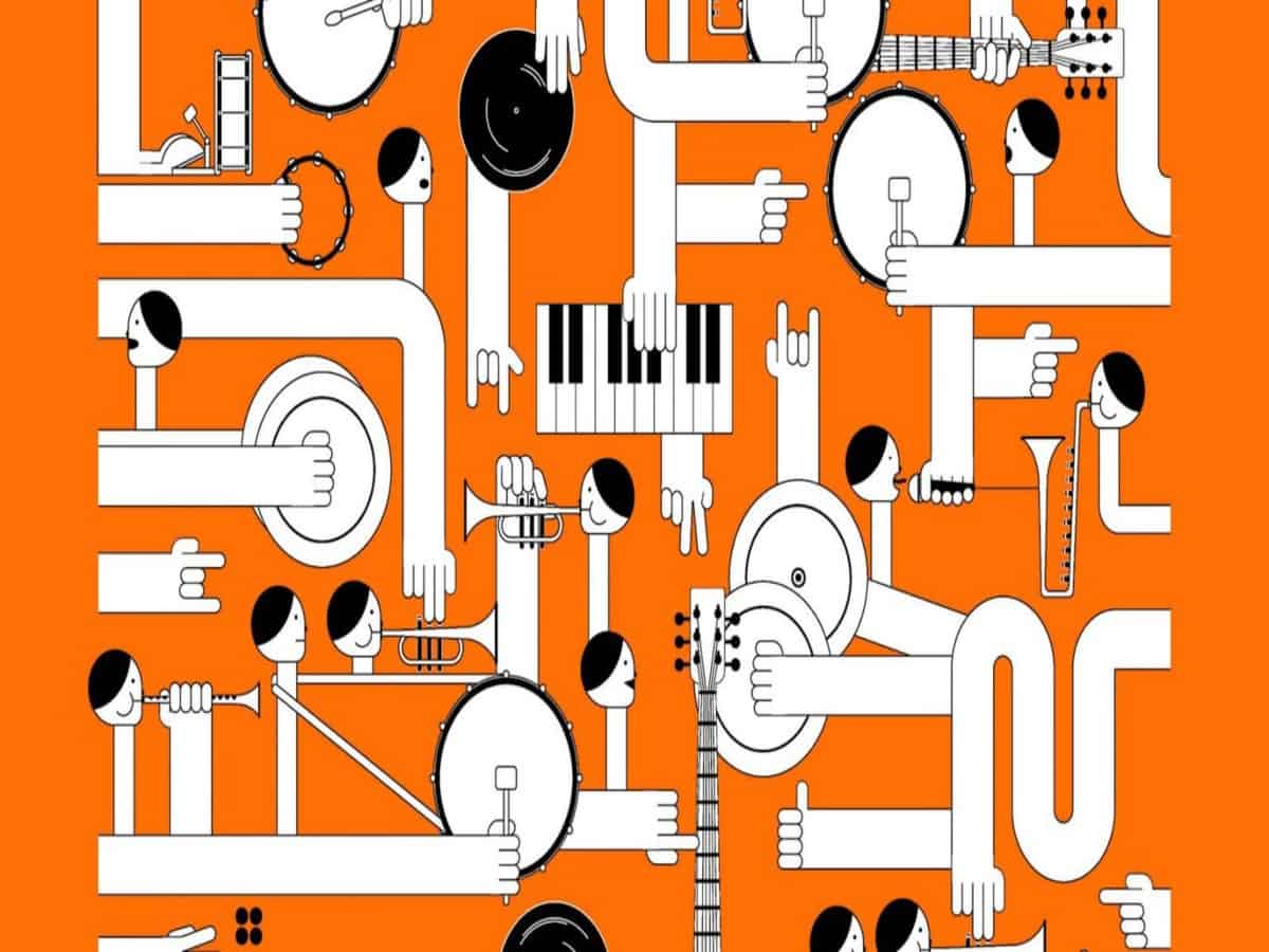 Graphic with instruments and musicians. Graphic with instruments and musicians.