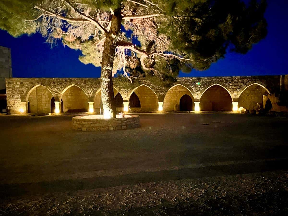 Manor at nighttime with lights and tree. Manor at nighttime with lights and tree.