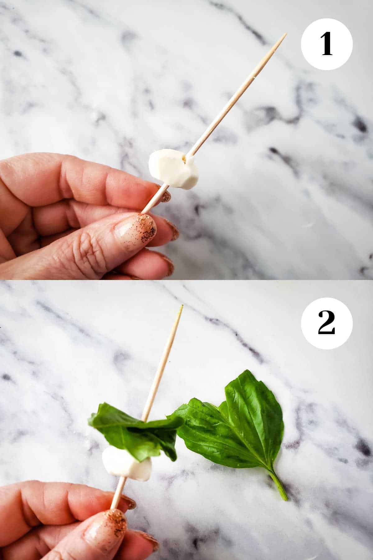 A collage showing adding the mozzarella to a toothpick followed by a basil leaf.