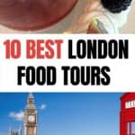 Collage of London landmark and a dessert for Pinterest.