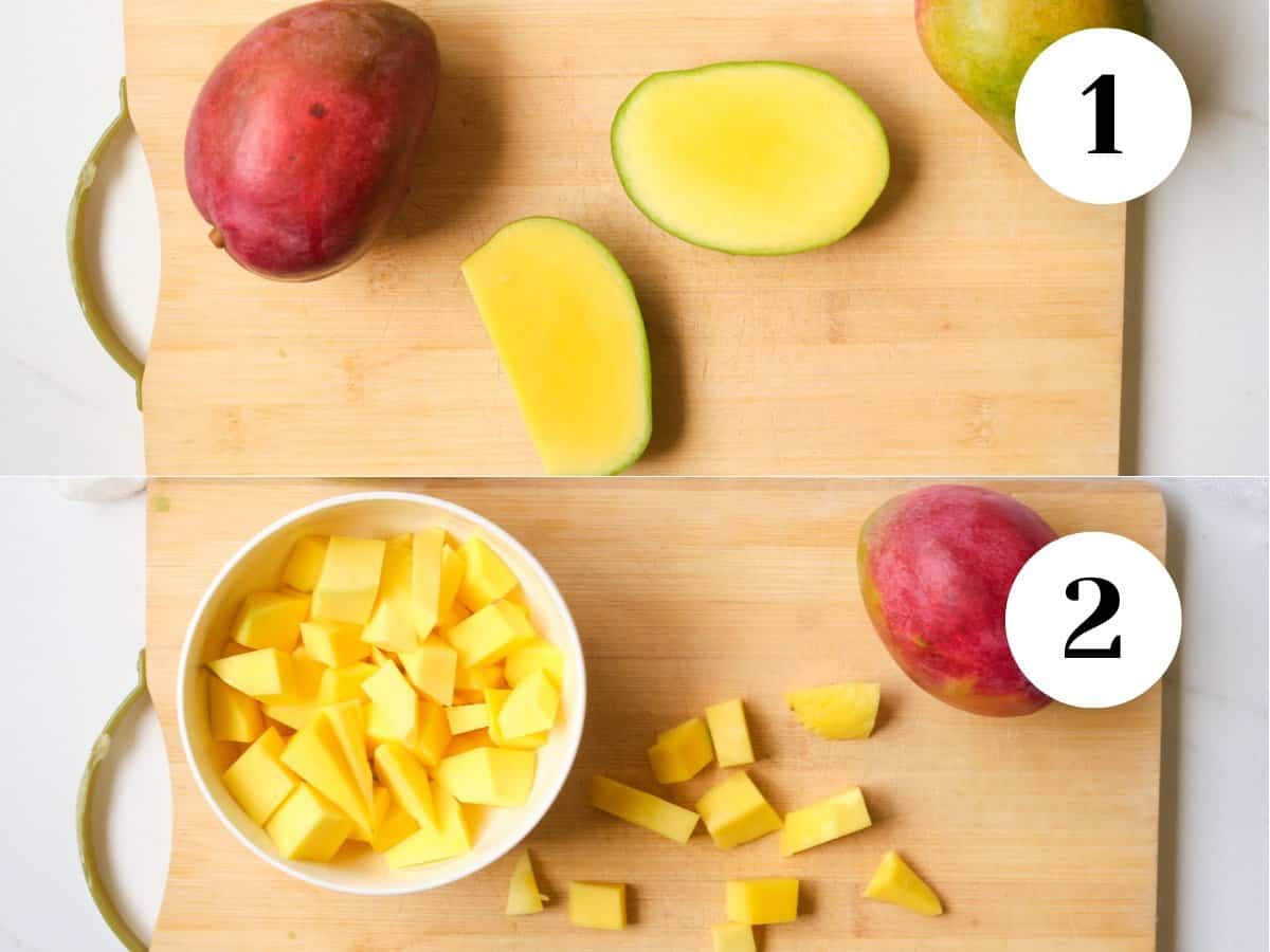 Cut mangoes on a wooden cutting board for  use in a mango recipe.  