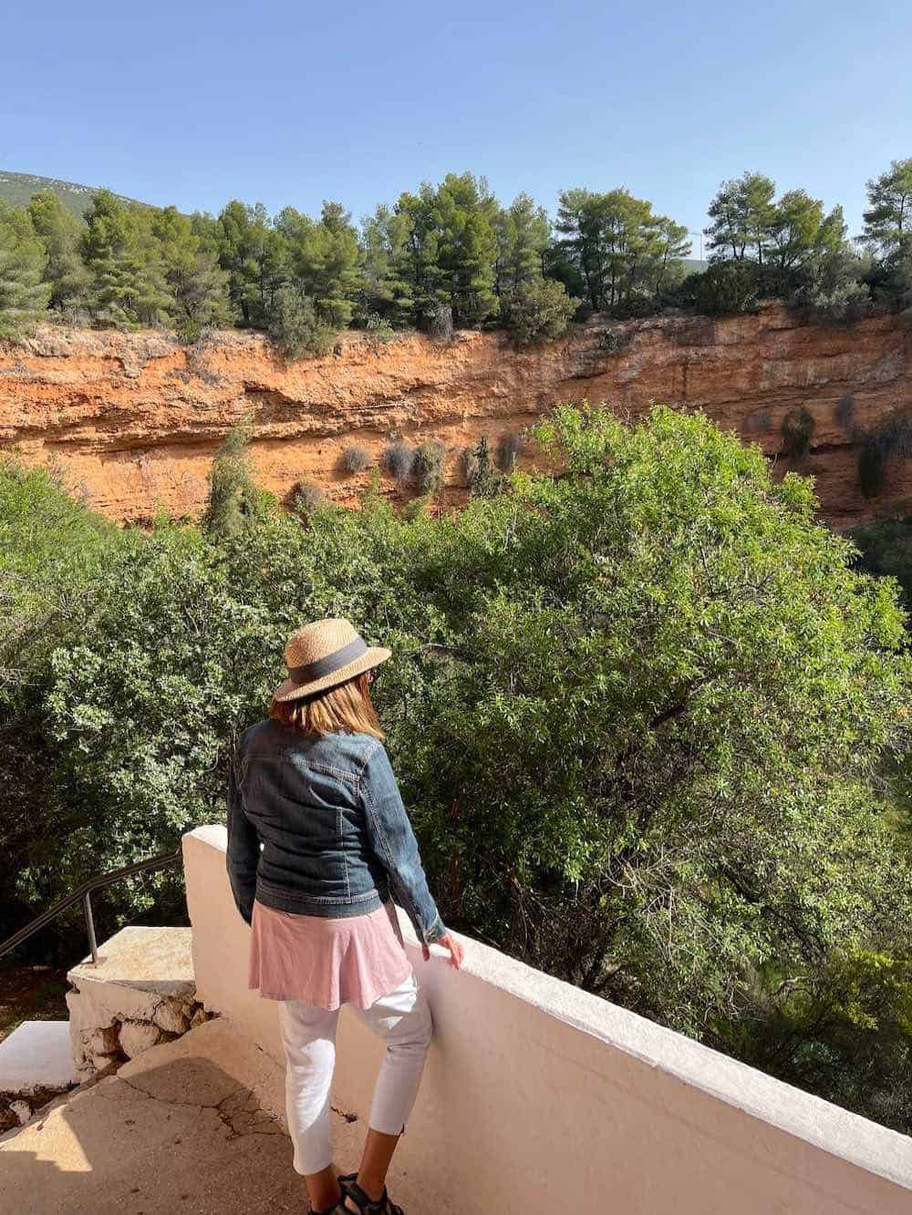 Lady standing looking out over trees and rock formation. 