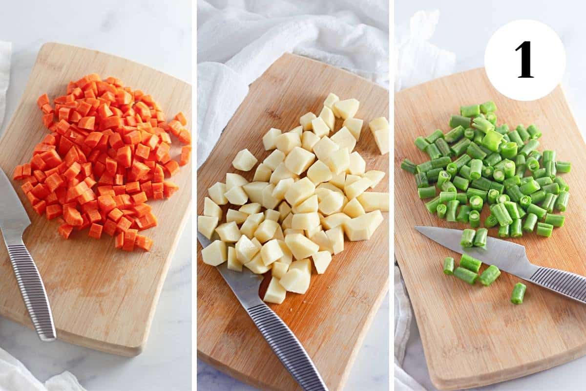 A collage showing chopped vegetables, carrots, potatoes, and green beans on a cutting board.