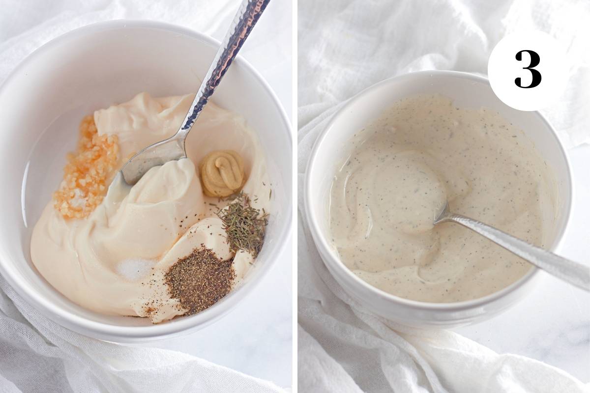 A collage showing the ingredients for the dressing in a bowl and mixed together. 