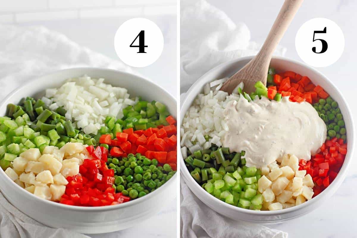 Chopped vegetables in a bowl and the dressing added on top.