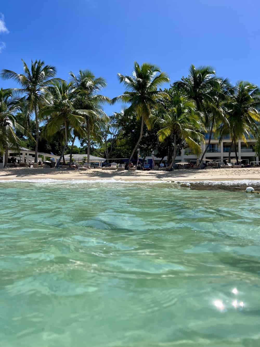View of the Royalton Grenada Diamond Club beach zone on Magazine Beach from the water.