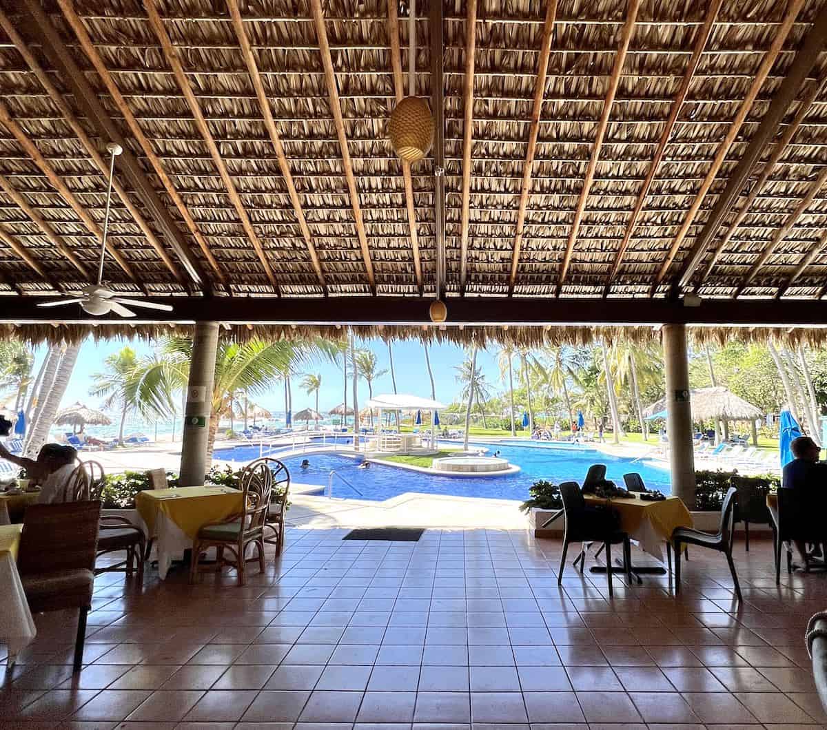 The restaurant at Coco's Club de Playa overlooks the lazy river style swimming pool. 
