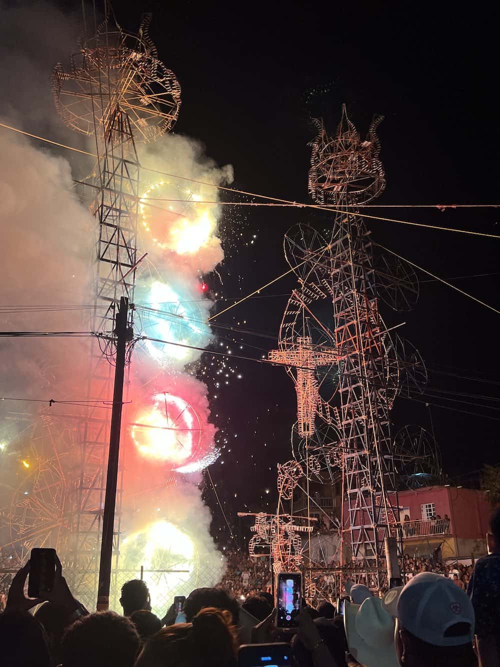 The Quema del Castillo (burning of the fireworks castle) at fiesta time in Chila.   