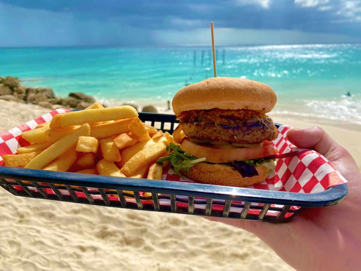 hearty veggie burgers.at Druif Beach in Aruba. 