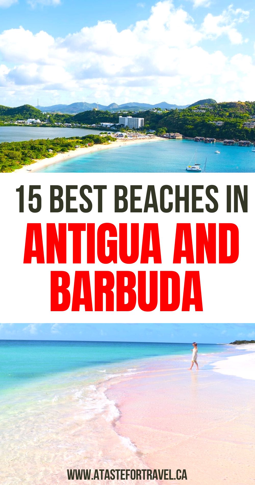 A collage of a pink sand beach in Barbuda and a beautiful beach in Antigua for Pinterest. 