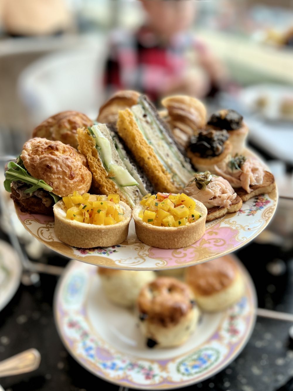 Afternoon tea at Zoe's in Ottawa with pastries and scones. 