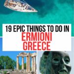 A collage of things to do in Argolida region of Greece including Nemea, sailing and sculpture of Hermione.